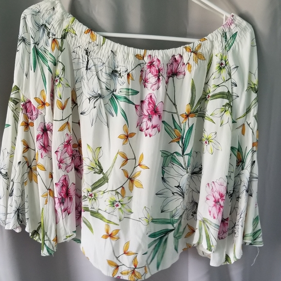 Bershka Tropical Print Flare Sleeve Bardot Top - Picture 3 of 5